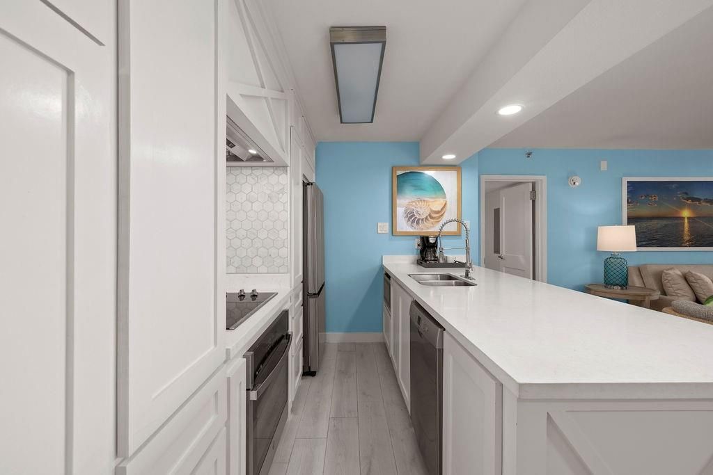 Interior, Kitchen, Recessed Lighting, Stainless Steel Appliances, Wood Texture Flooring