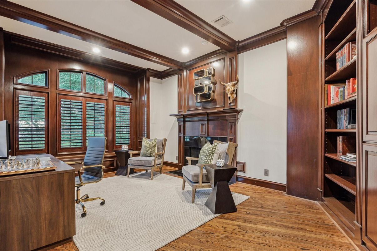 Fireplace, Home Office, Interior, Recessed Lighting, Wood Texture Flooring