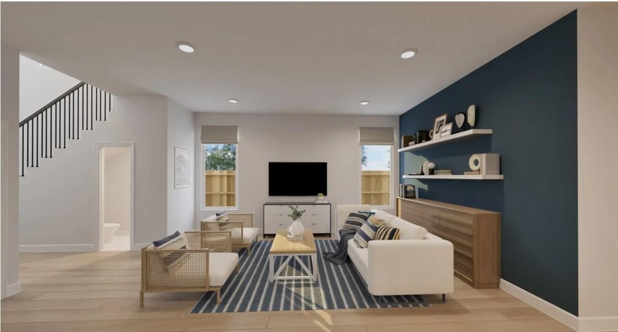 Interior, Living room, Recessed Lighting, Wood Texture Flooring