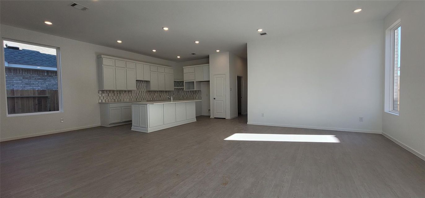 Empty room, Interior, Kitchen, Recessed Lighting, Wood Texture Flooring