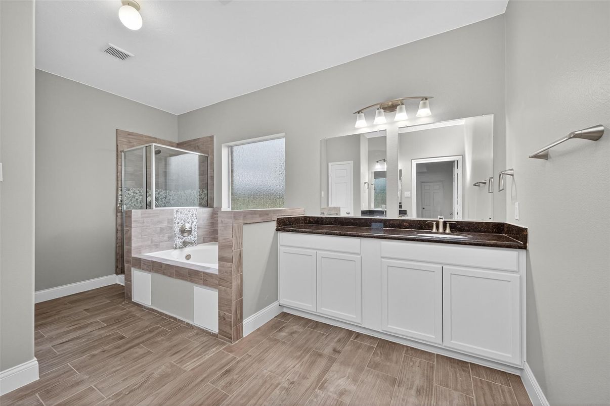 Bathroom, Dual Sink Vanities, Glass Shower, Interior, Wood Texture Flooring