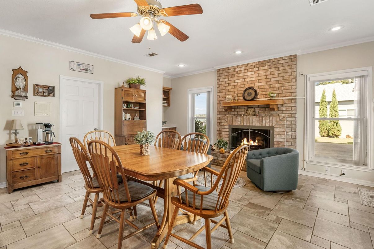 Dining room, Fireplace, Interior, Living room, Recessed Lighting, Stone Walls