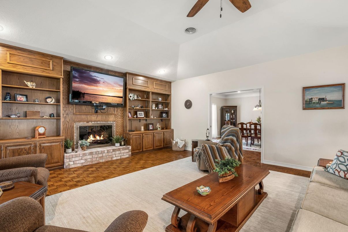 Fireplace, Interior, Living room, Recessed Lighting, Wood Texture Flooring