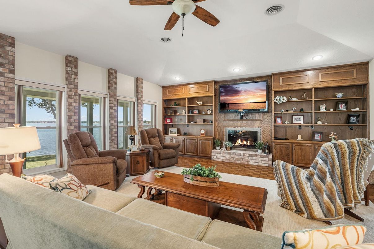 Fireplace, Interior, Living room, Recessed Lighting, Stone Walls