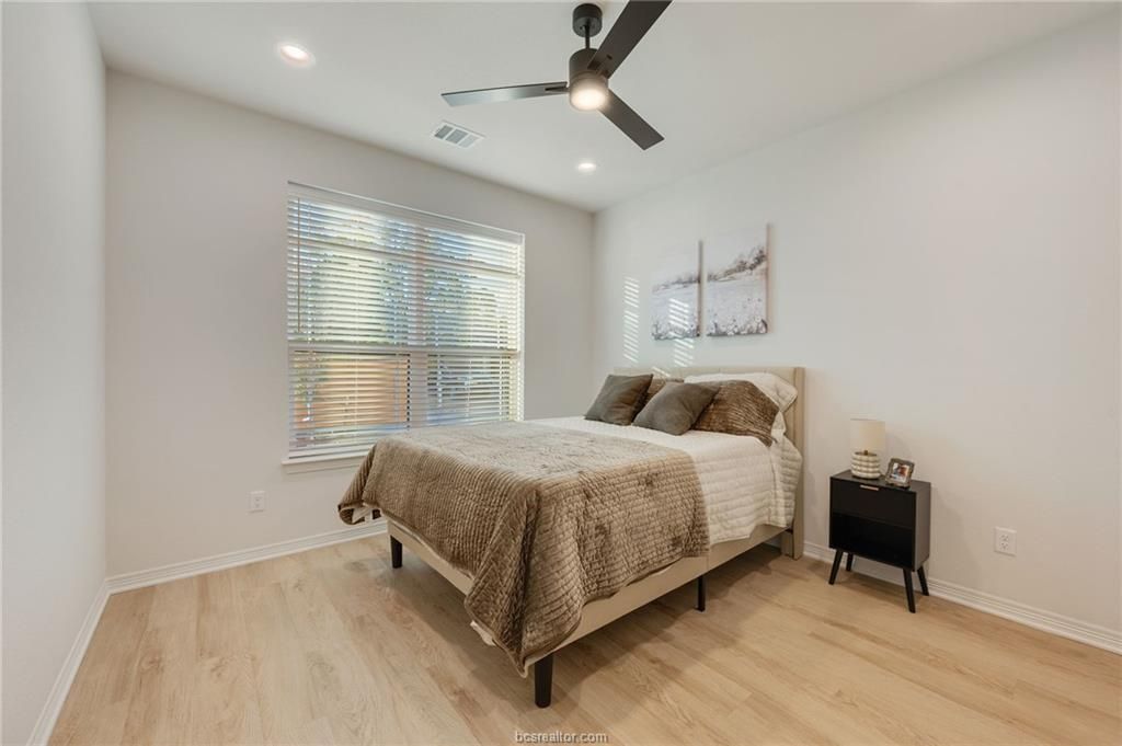 Bedroom, Interior, Recessed Lighting, Wood Texture Flooring