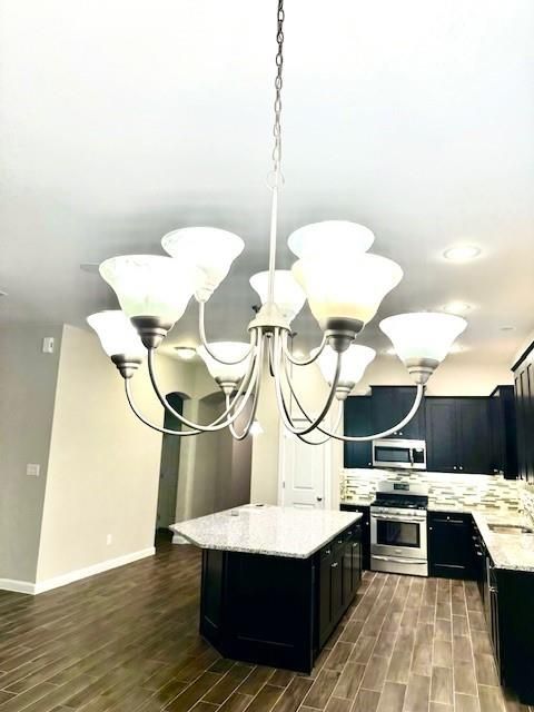 Chandelier, Interior, Kitchen, Stainless Steel Appliances, Wood Texture Flooring