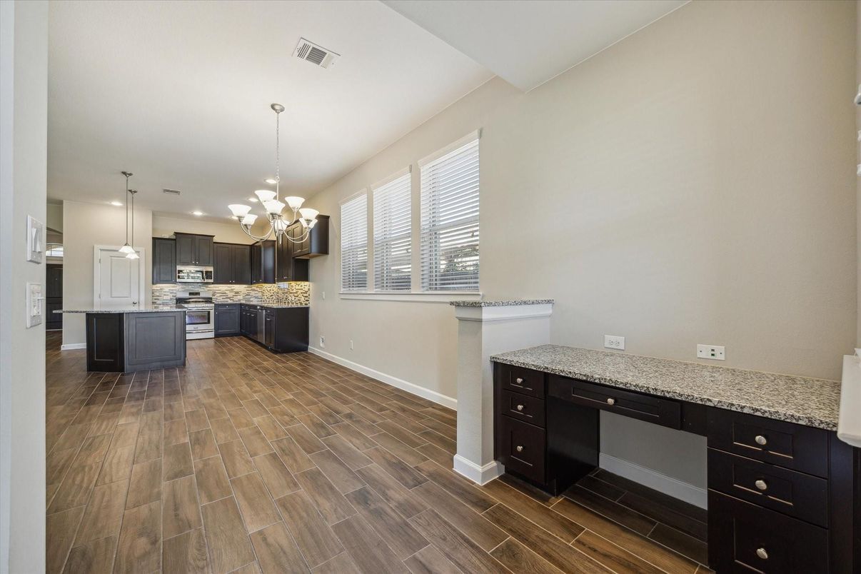Chandelier, Interior, Kitchen, Pendant Lights, Recessed Lighting, Wood Texture Flooring