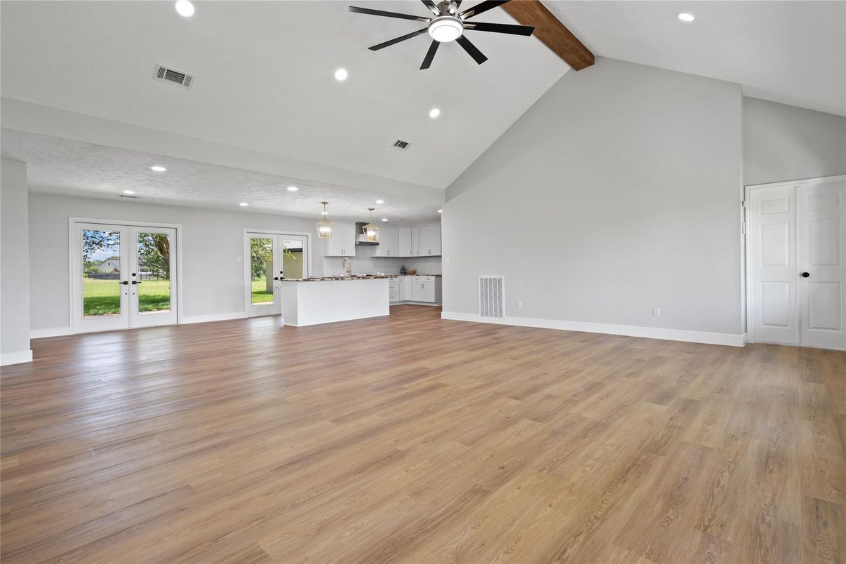 Empty room, Interior, Kitchen, Pendant Lights, Recessed Lighting, Wooden Beams, Wood Texture Flooring