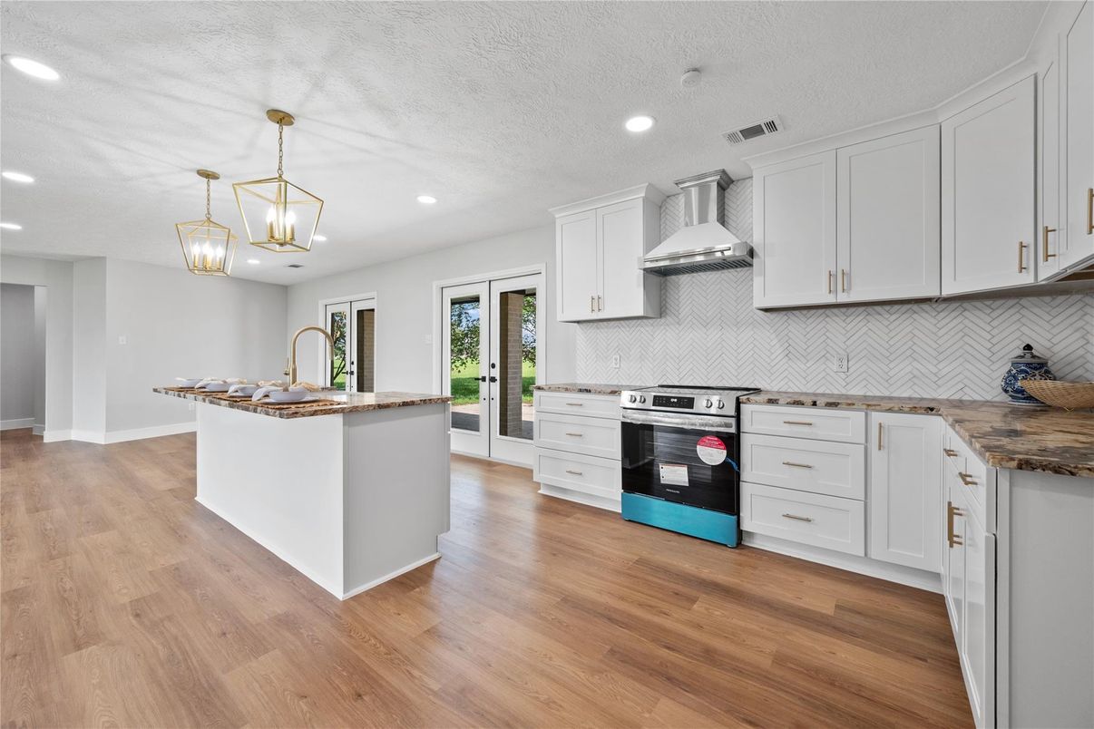 Interior, Kitchen, Pendant Lights, Recessed Lighting, Stainless Steel Appliances, Wood Texture Flooring