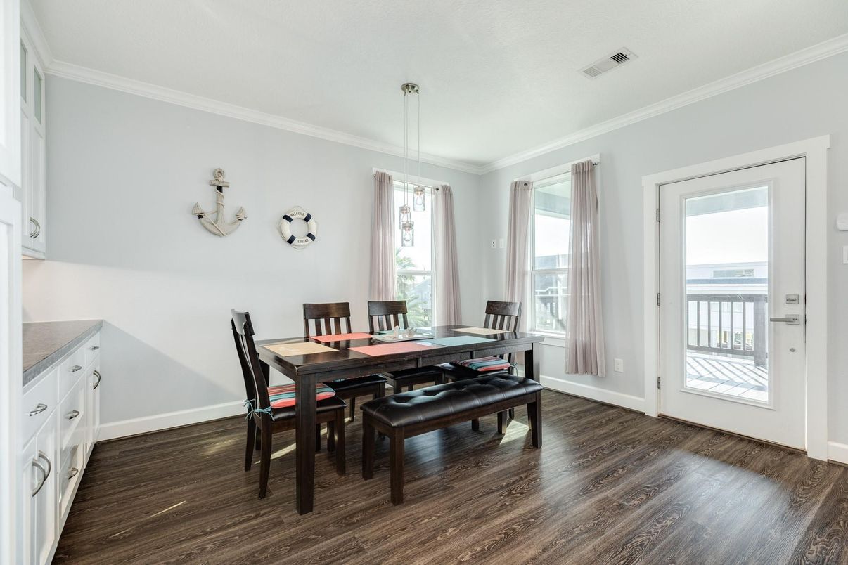 Dining room, Interior, Pendant Lights, Wood Texture Flooring