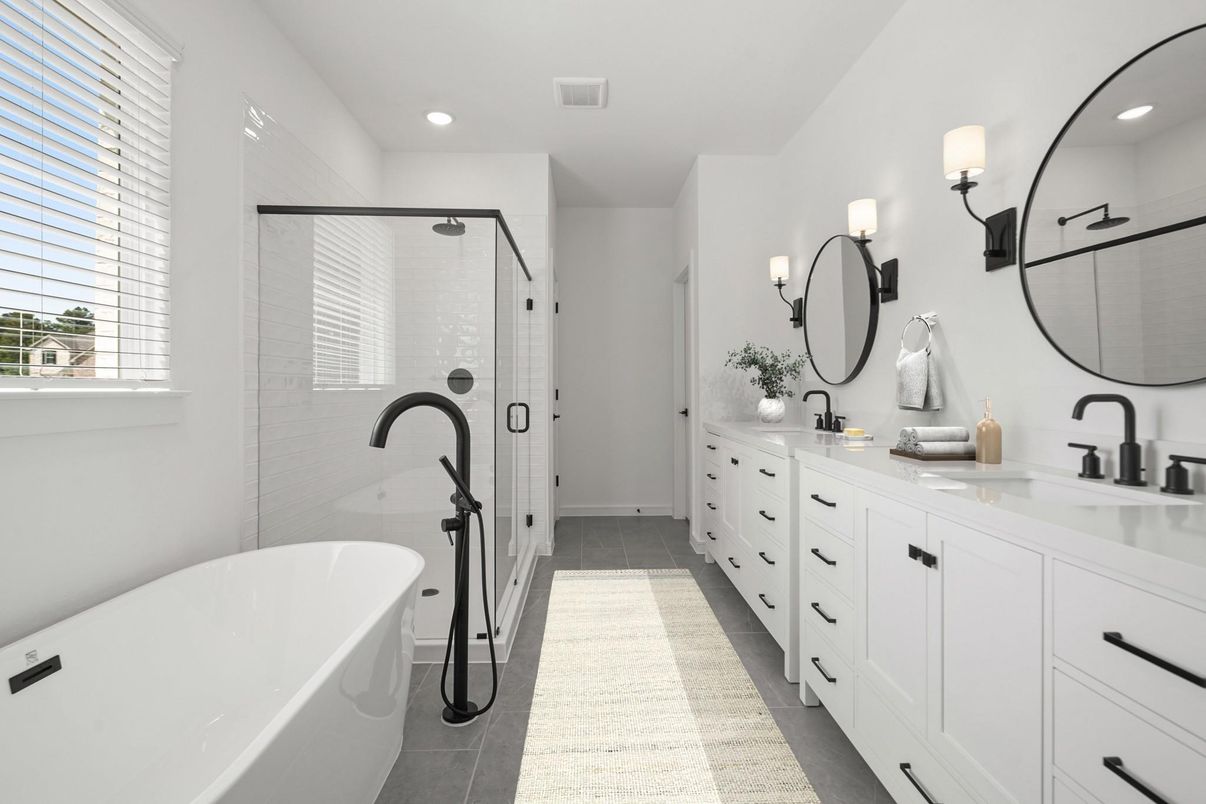 Bathroom, Dual Sink Vanities, Free Standing Baths, Glass Shower, Interior, Recessed Lighting
