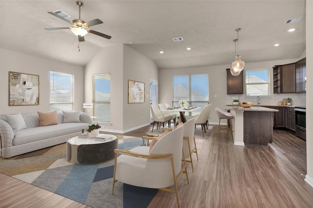 Dining room, Interior, Kitchen, Living room, Pendant Lights, Recessed Lighting, Wood Texture Flooring