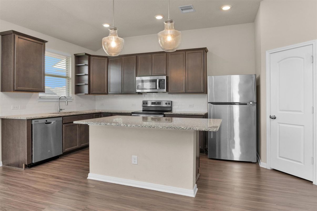 Interior, Kitchen, Pendant Lights, Recessed Lighting, Stainless Steel Appliances, Wood Texture Flooring