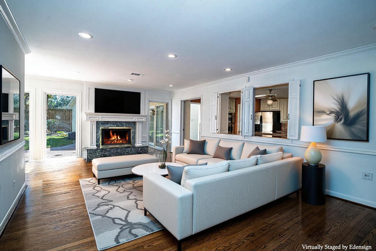 Fireplace, Interior, Living room, Recessed Lighting, Wood Texture Flooring