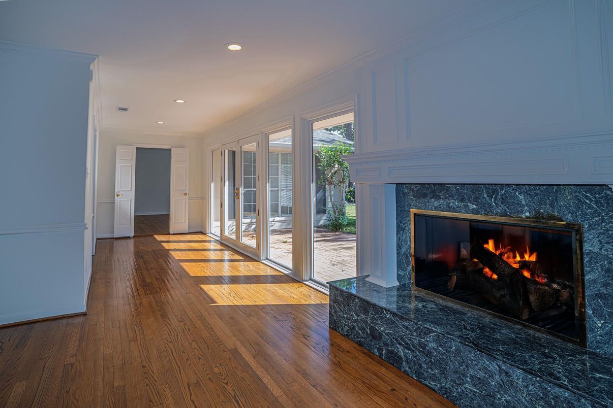 Fireplace, Interior, Recessed Lighting, Wood Texture Flooring