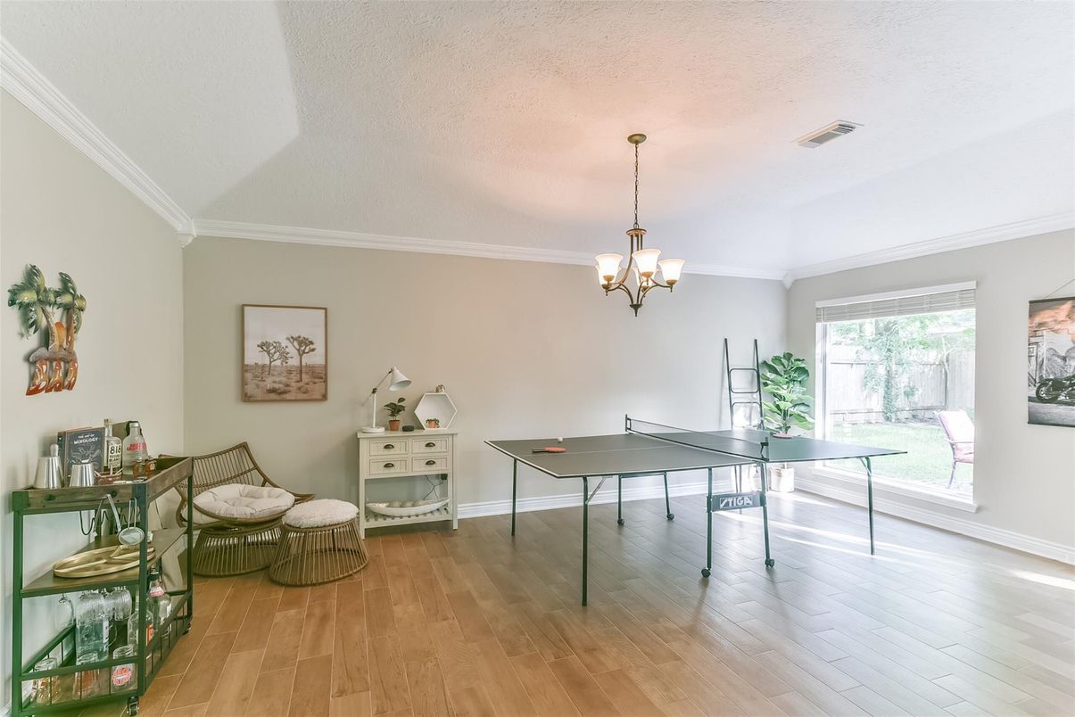 Chandelier, Game Room, Interior, Wood Texture Flooring