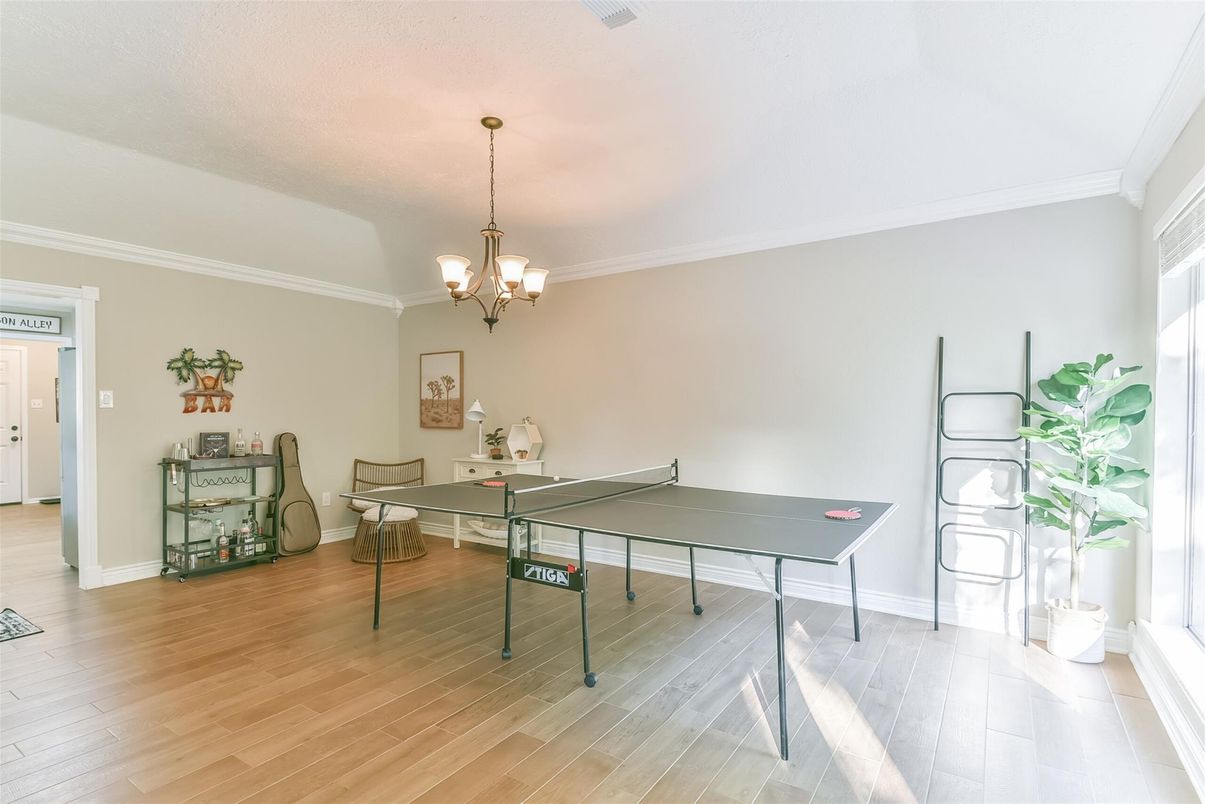 Chandelier, Game Room, Interior, Wood Texture Flooring