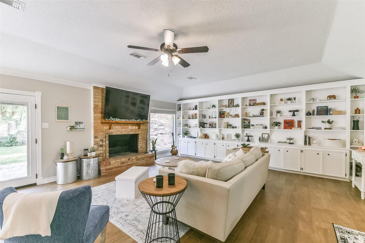 Fireplace, Interior, Living room, Stone Walls, Wood Texture Flooring