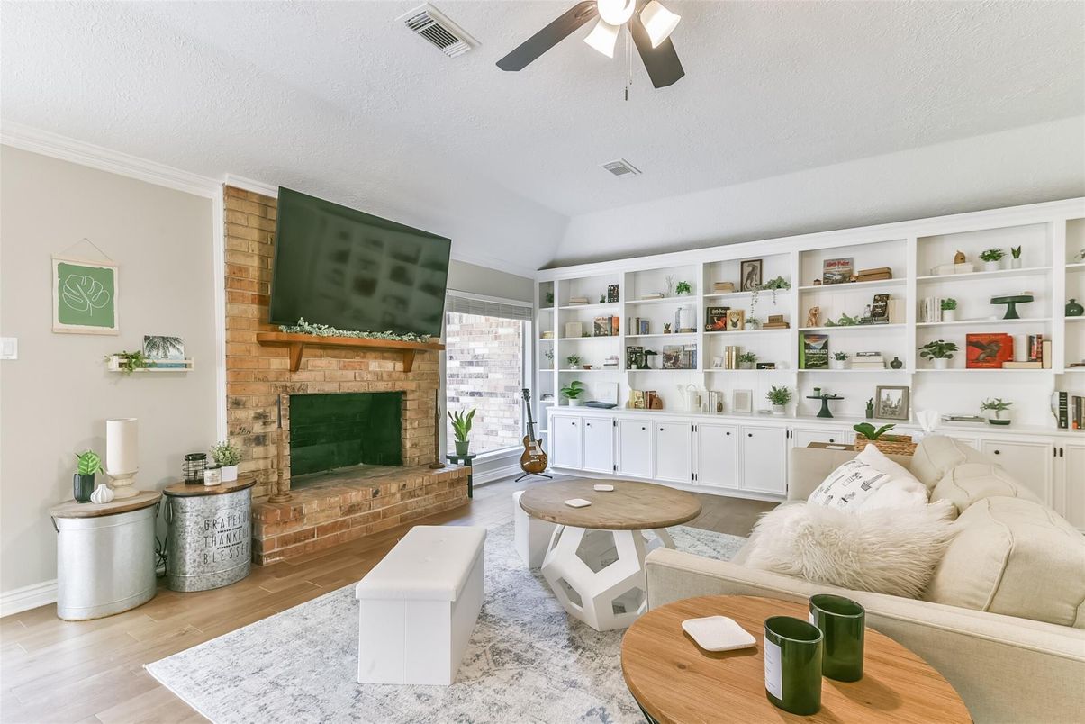 Fireplace, Interior, Living room, Stone Walls, Wood Texture Flooring