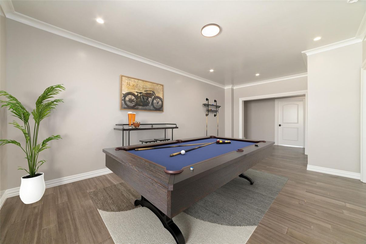 Billiard Table, Game Room, Interior, Recessed Lighting, Wood Texture Flooring