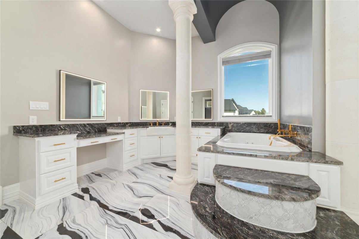 Bathroom, Dual Sink Vanities, Interior, Marble, Recessed Lighting
