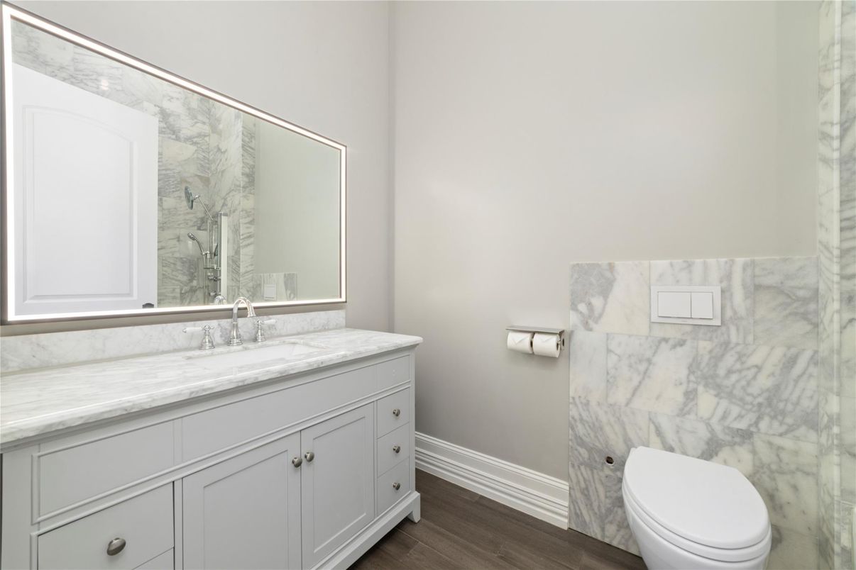 Bathroom, Interior, Marble Walls, Wood Texture Flooring