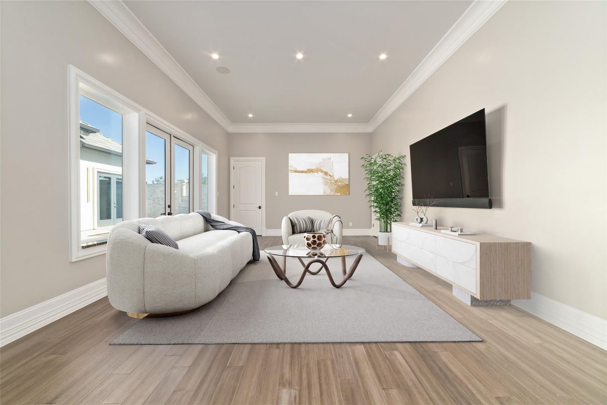 Interior, Living room, Recessed Lighting, Wood Texture Flooring