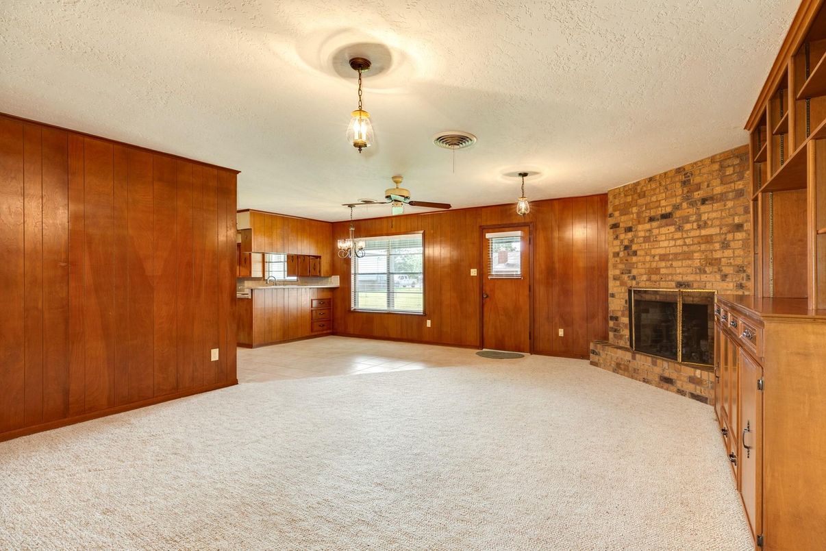 Empty room, Fireplace, Interior, Pendant Lights, Stone Walls, Wooden Walls