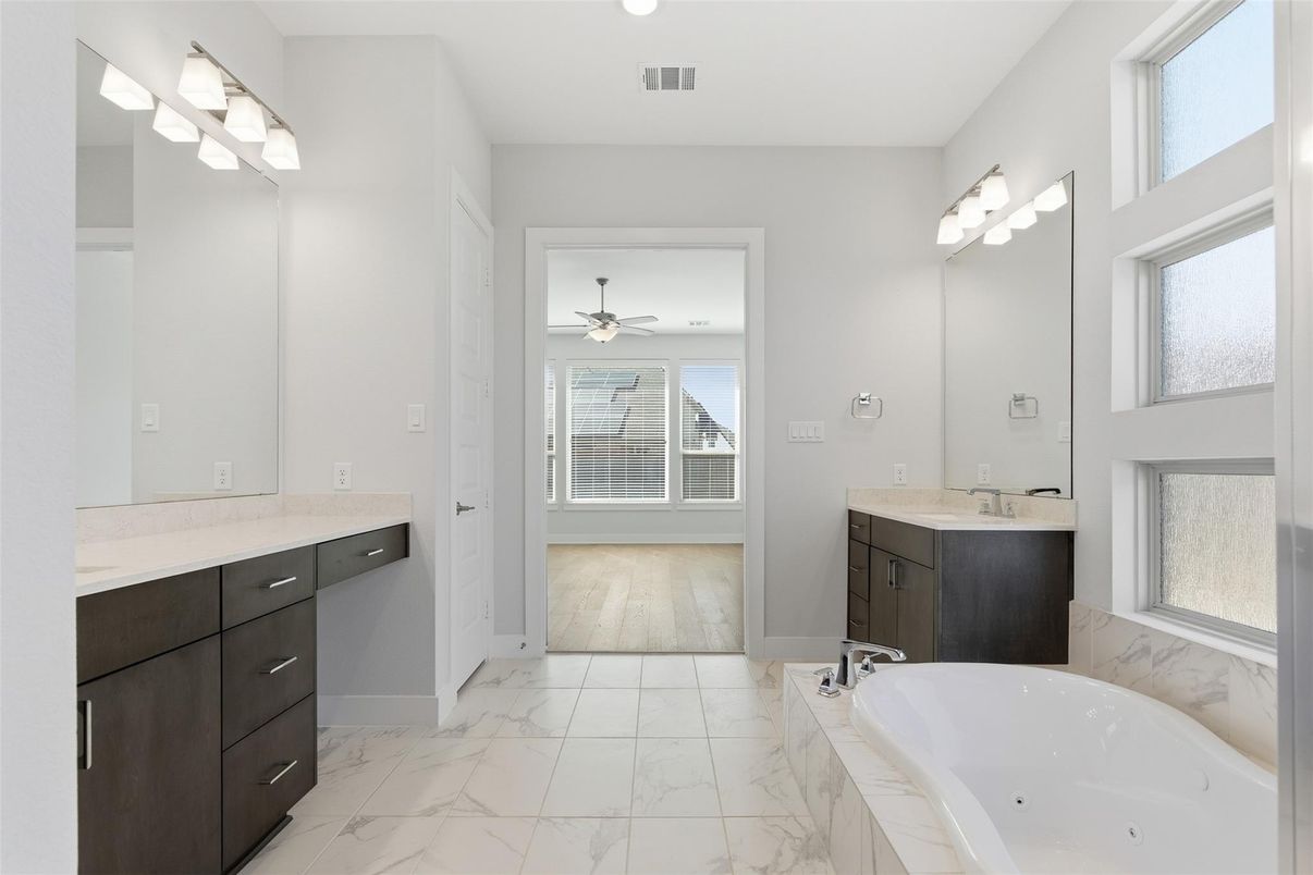 Bathroom, Dual Sink Vanities, Interior, Marble, Wood Texture Flooring