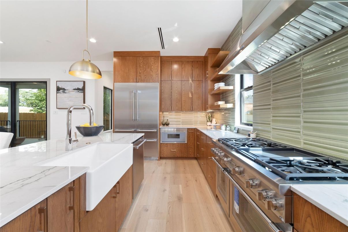 Interior, Kitchen, Pendant Lights, Recessed Lighting, Stainless Steel Appliances, Wood Texture Flooring