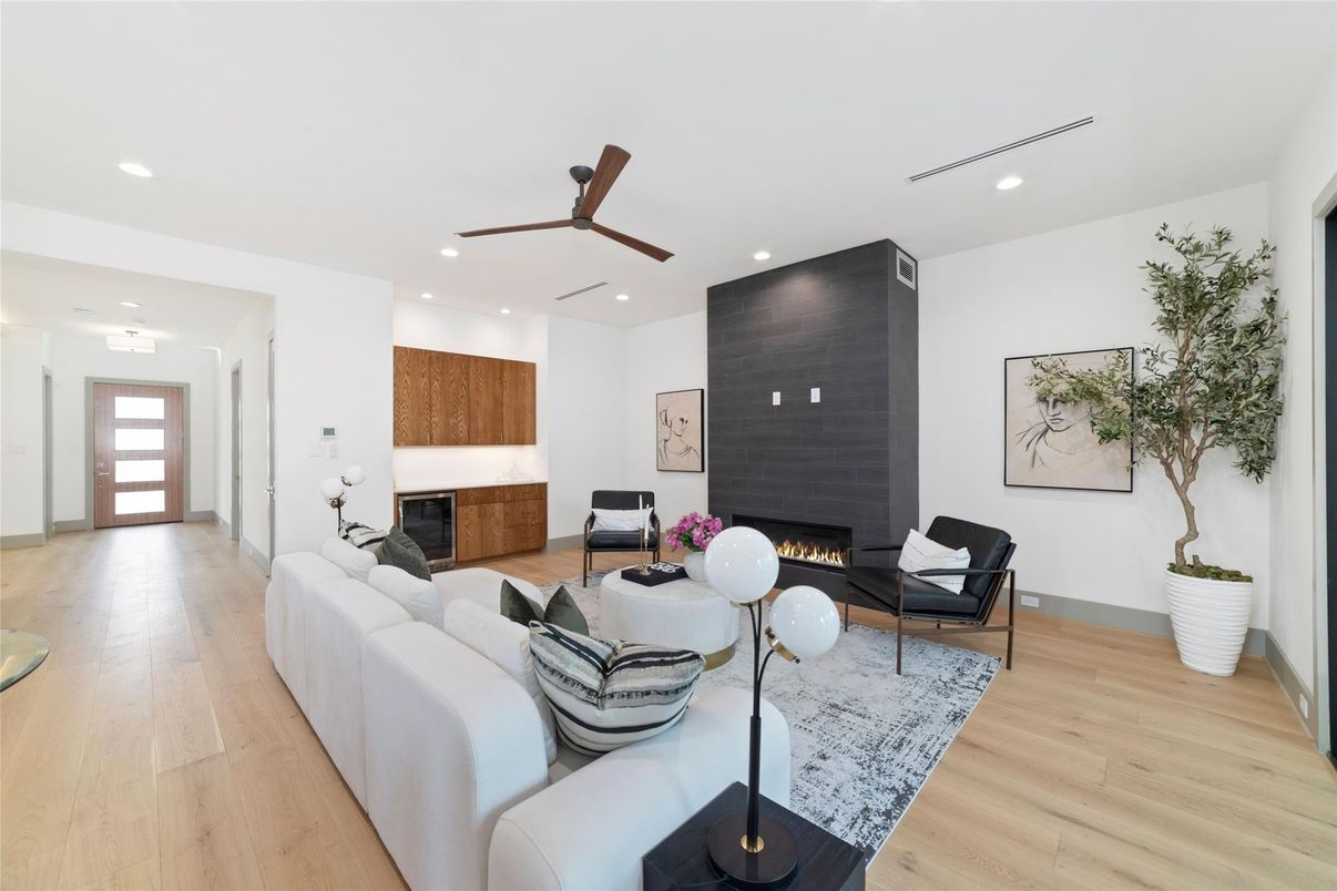 Fireplace, Interior, Living room, Recessed Lighting, Wood Texture Flooring