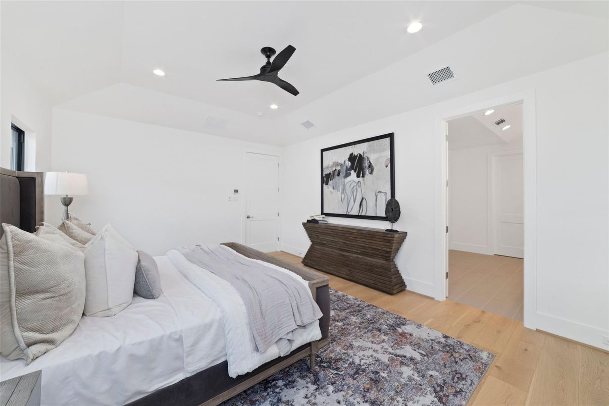 Bedroom, Interior, Recessed Lighting, Wood Texture Flooring