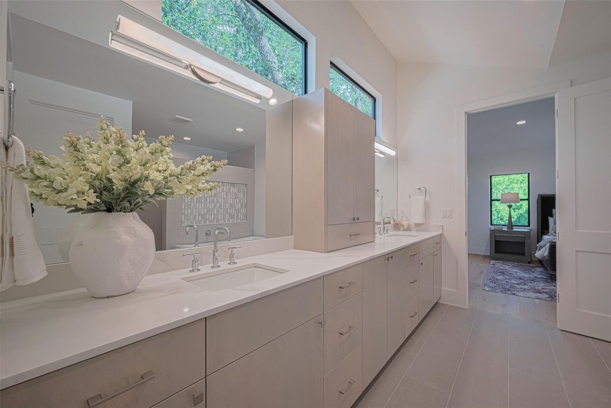 Bathroom, Dual Sink Vanities, Interior, Recessed Lighting, Wood Texture Flooring
