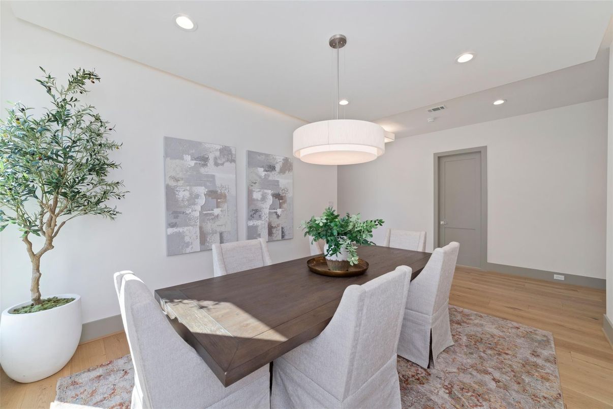 Dining room, Interior, Pendant Lights, Recessed Lighting, Wood Texture Flooring