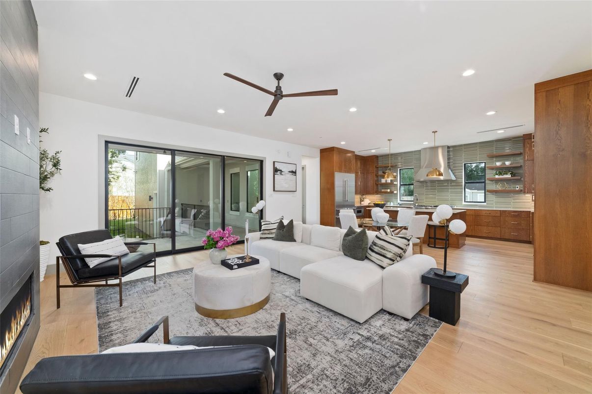Dining room, Fireplace, Interior, Kitchen, Living room, Pendant Lights, Recessed Lighting, Wood Texture Flooring