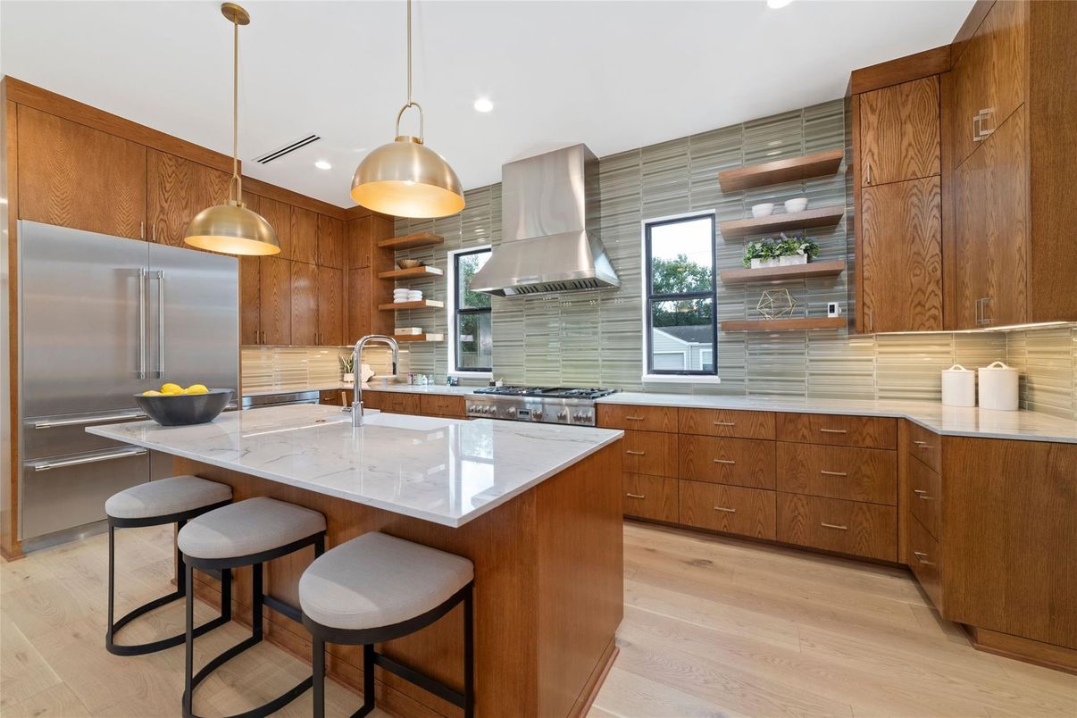 Interior, Kitchen, Pendant Lights, Recessed Lighting, Stainless Steel Appliances, Wood Texture Flooring