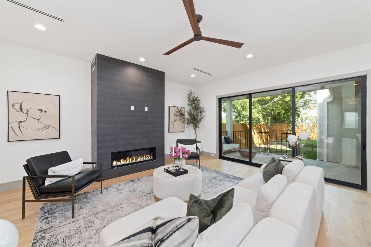 Fireplace, Interior, Living room, Recessed Lighting, Wood Texture Flooring