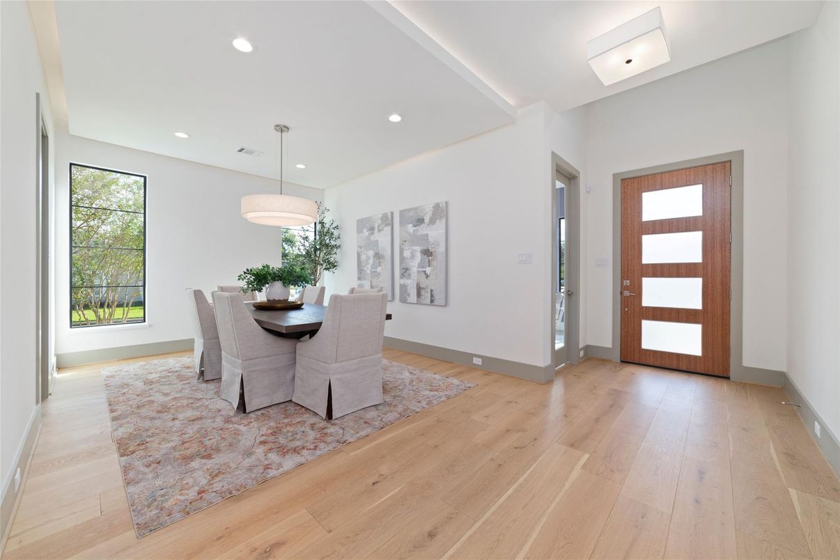 Dining room, Interior, Pendant Lights, Recessed Lighting, Wood Texture Flooring