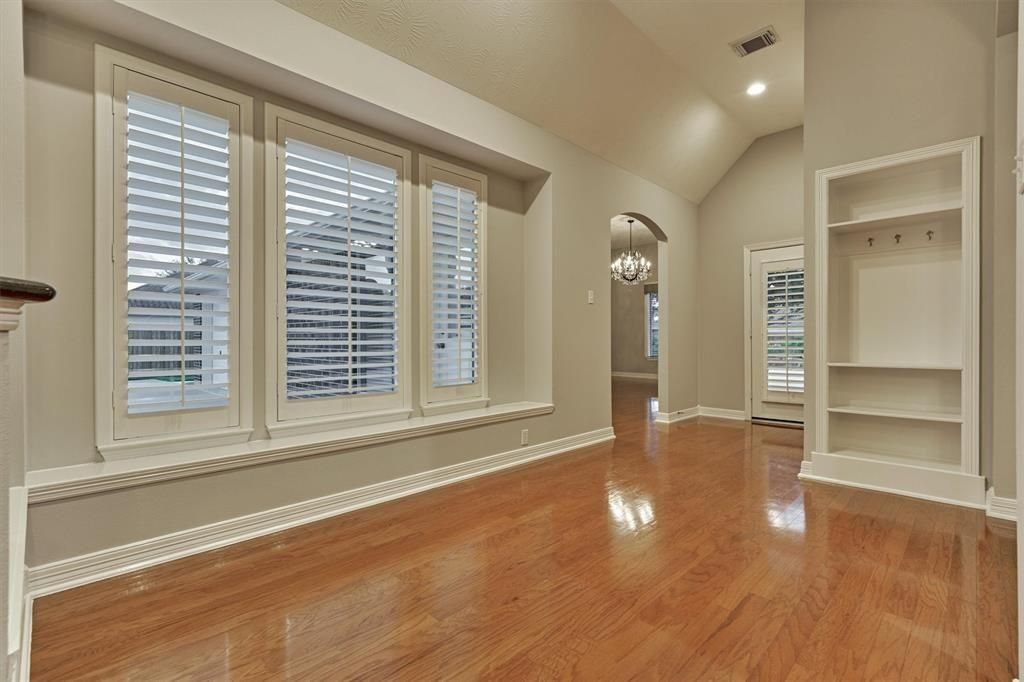 Chandelier, Empty room, Interior, Recessed Lighting, Wood Texture Flooring