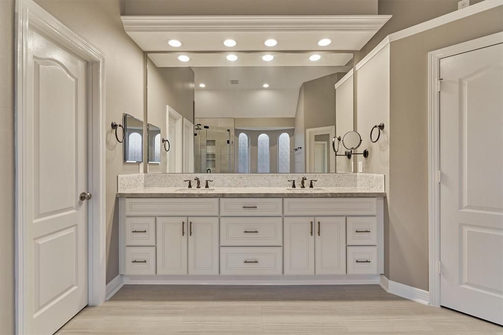 Bathroom, Dual Sink Vanities, Interior, Recessed Lighting, Wood Texture Flooring