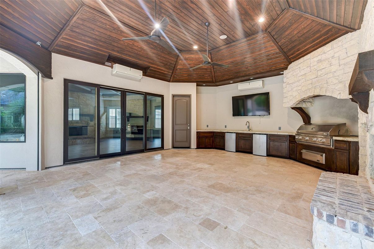 Interior, Recessed Lighting, Stone Walls, Wooden Ceilings