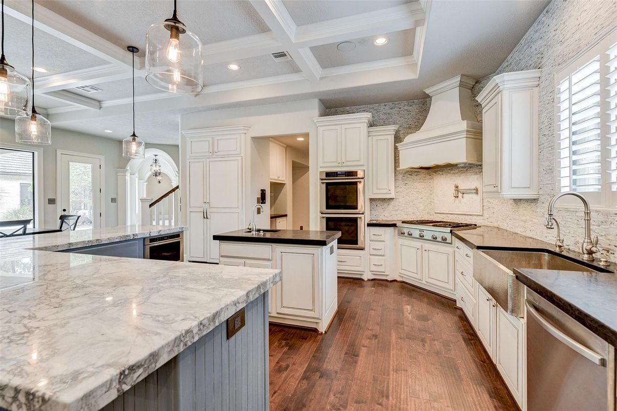 Interior, Kitchen, Pendant Lights, Recessed Lighting, Stainless Steel Appliances, Wood Texture Flooring