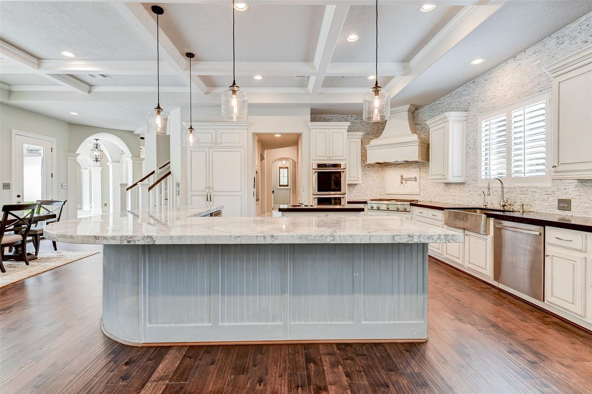 Interior, Kitchen, Pendant Lights, Recessed Lighting, Stainless Steel Appliances, Wood Texture Flooring