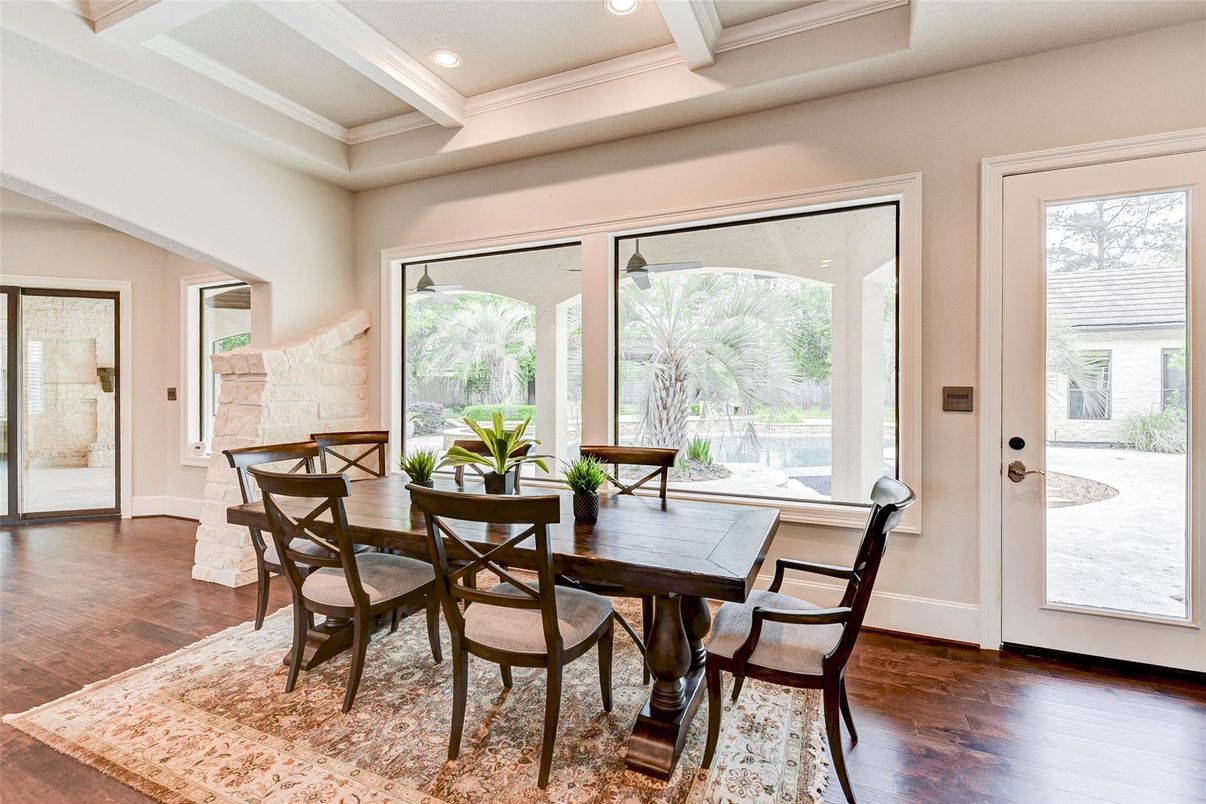 Dining room, Interior, Recessed Lighting, Wood Texture Flooring