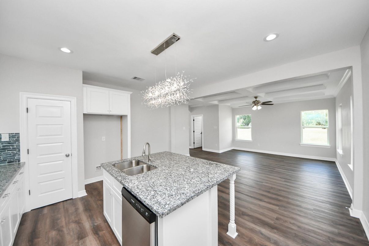 Chandelier, Interior, Kitchen, Recessed Lighting, Wood Texture Flooring