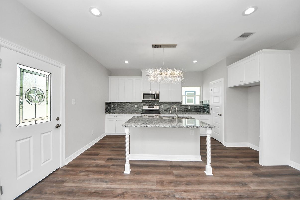Chandelier, Interior, Kitchen, Recessed Lighting, Stainless Steel Appliances, Wood Texture Flooring