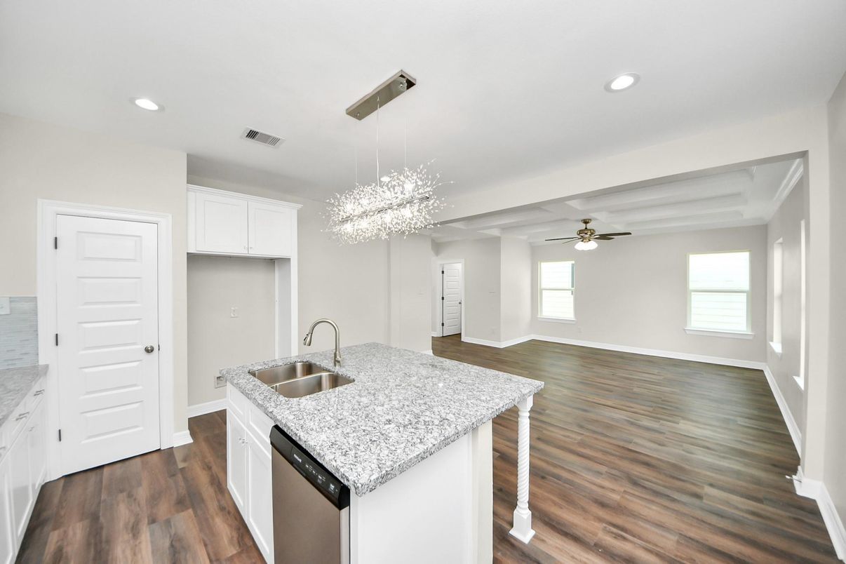 Chandelier, Interior, Kitchen, Pendant Lights, Recessed Lighting, Wood Texture Flooring