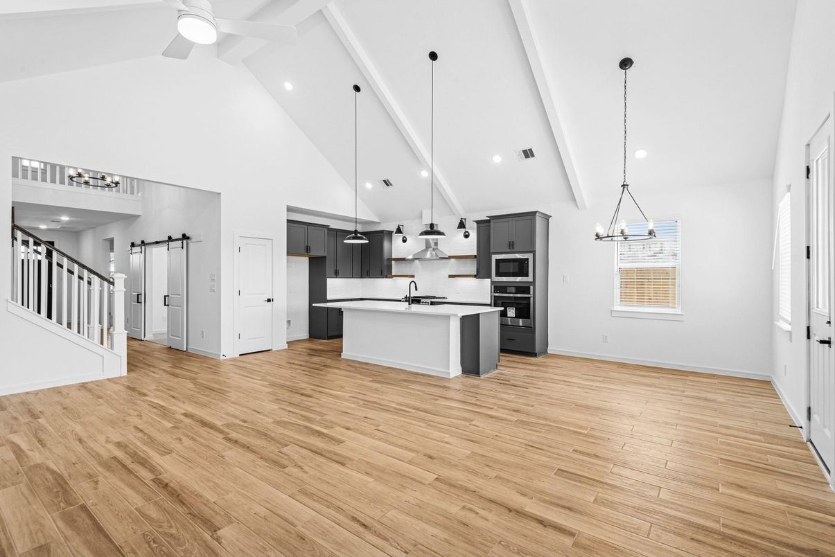 Chandelier, Interior, Kitchen, Pendant Lights, Recessed Lighting, Stainless Steel Appliances, Wood Texture Flooring