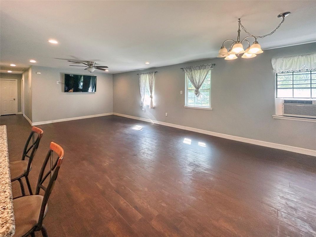 Chandelier, Empty room, Interior, Recessed Lighting, Wood Texture Flooring