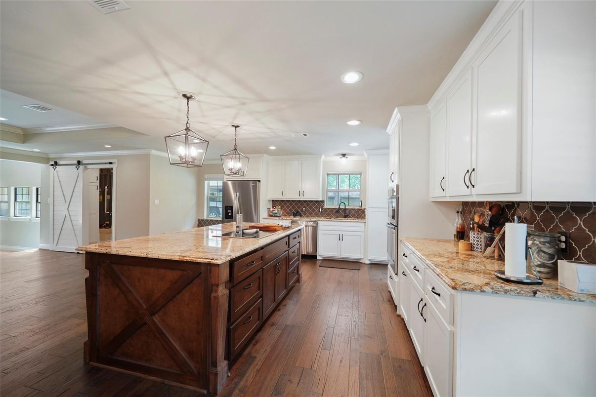 Interior, Kitchen, Pendant Lights, Recessed Lighting, Stainless Steel Appliances, Wood Texture Flooring